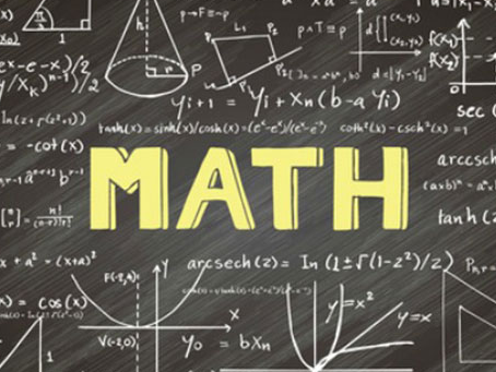 The word Math written on a chalk board with formulas surrounding it.